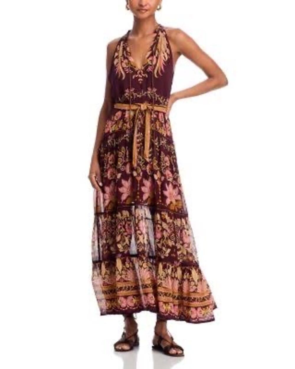 Farm Rio Bella burgundy maxi dress sz XL boho dopamine dressing luxury garden